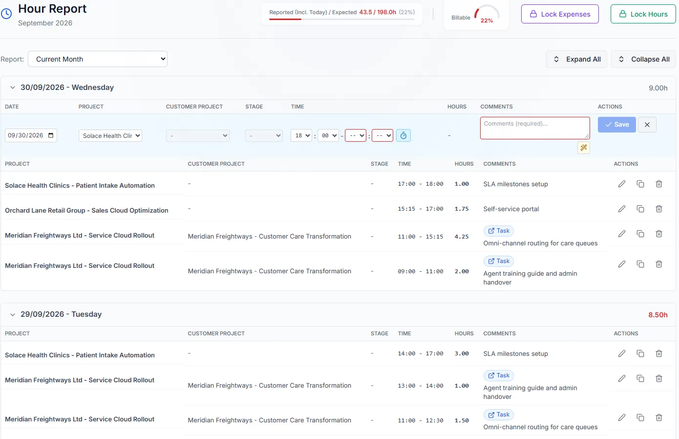Logging a new time entry against a project, right inside the portal