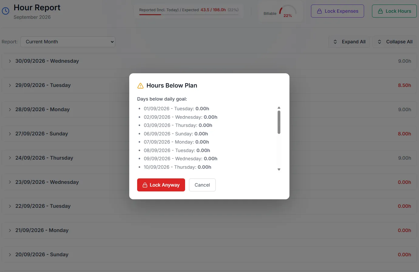 Hours Below Plan warning shown before the month is locked