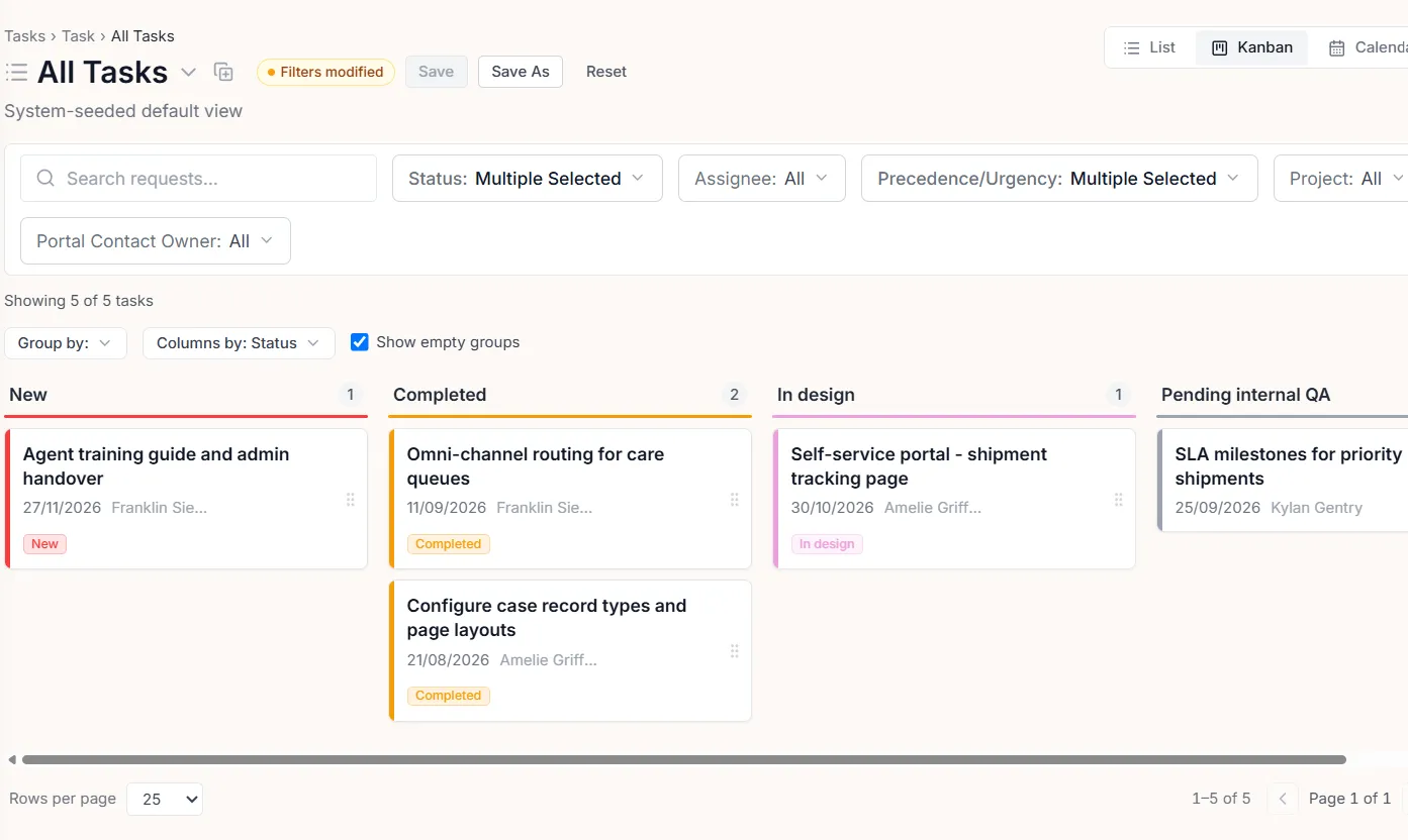 A Task Board in a branded Basicloud portal — tasks in columns by status, live from Salesforce