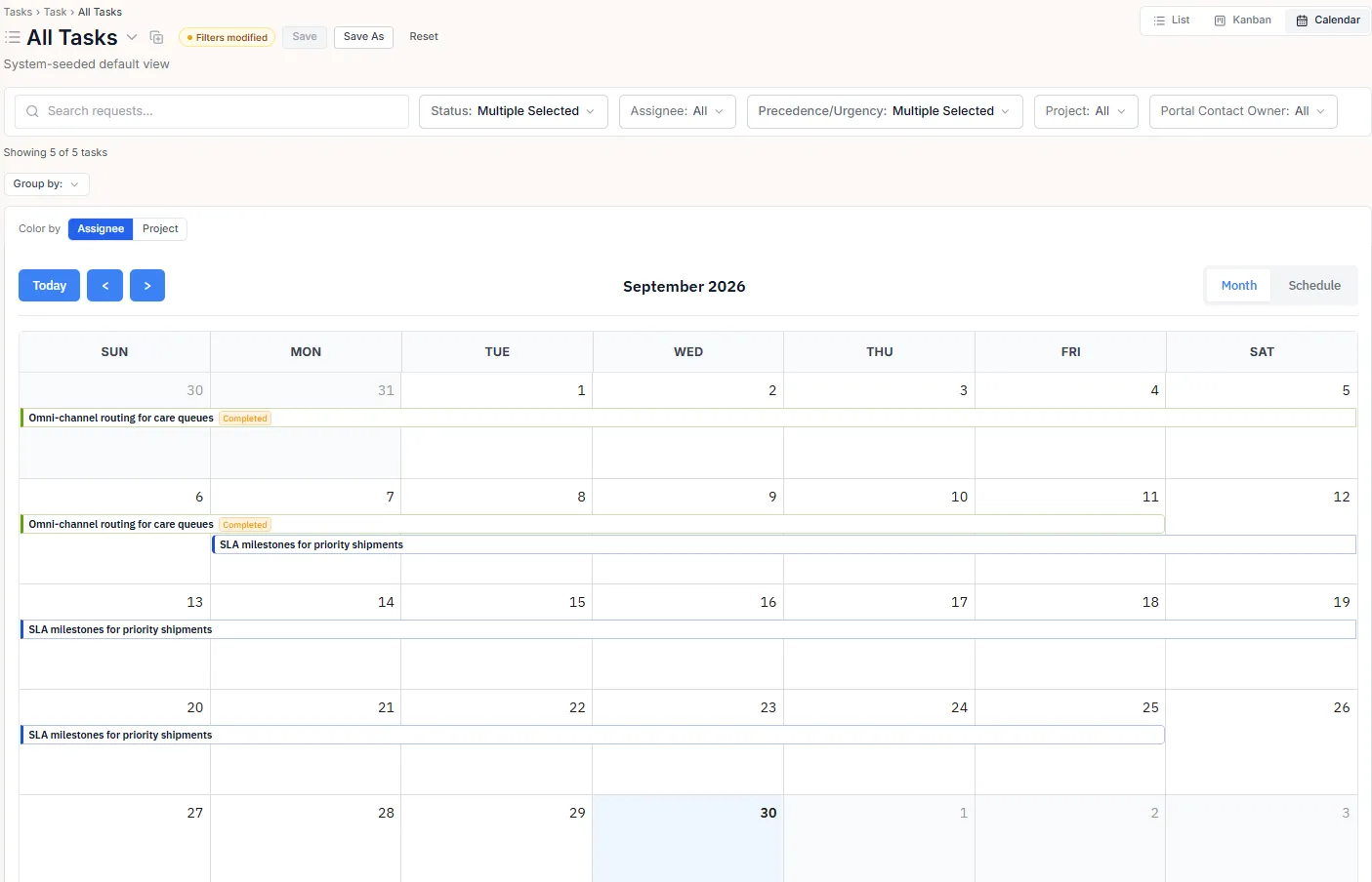 Calendar view — tasks laid out across the month