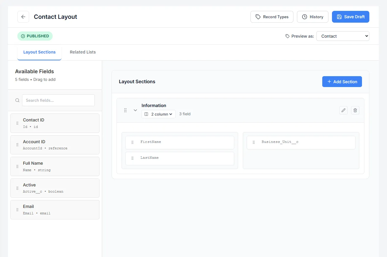 The layout builder — fields dragged into page sections