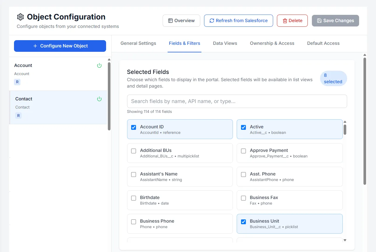 Object configuration — choosing which Salesforce fields the portal shows