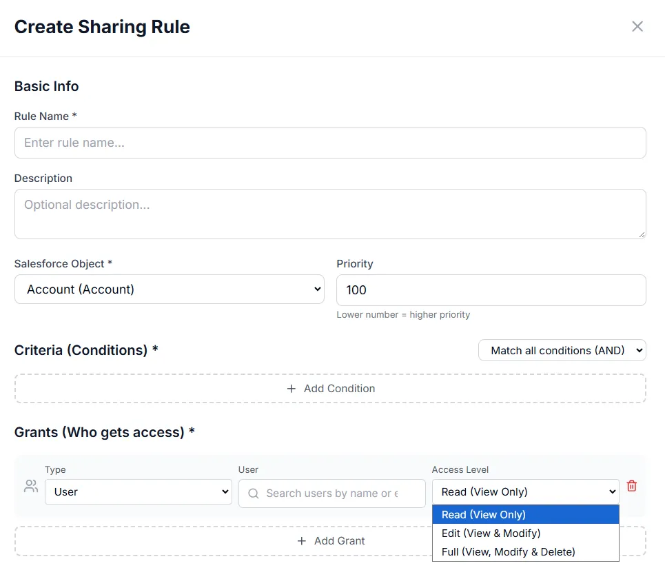 Creating a sharing rule — criteria and access grants