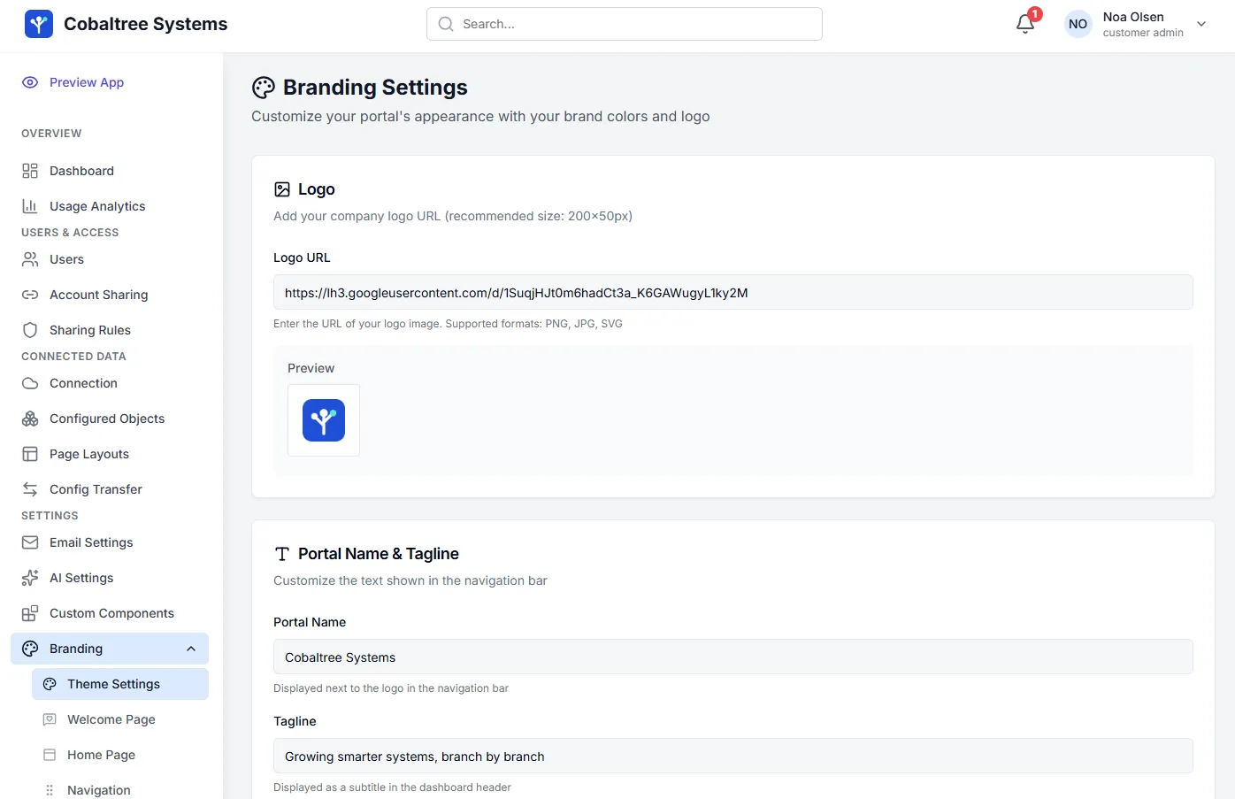 Branding settings — the customer’s own logo, portal name and tagline