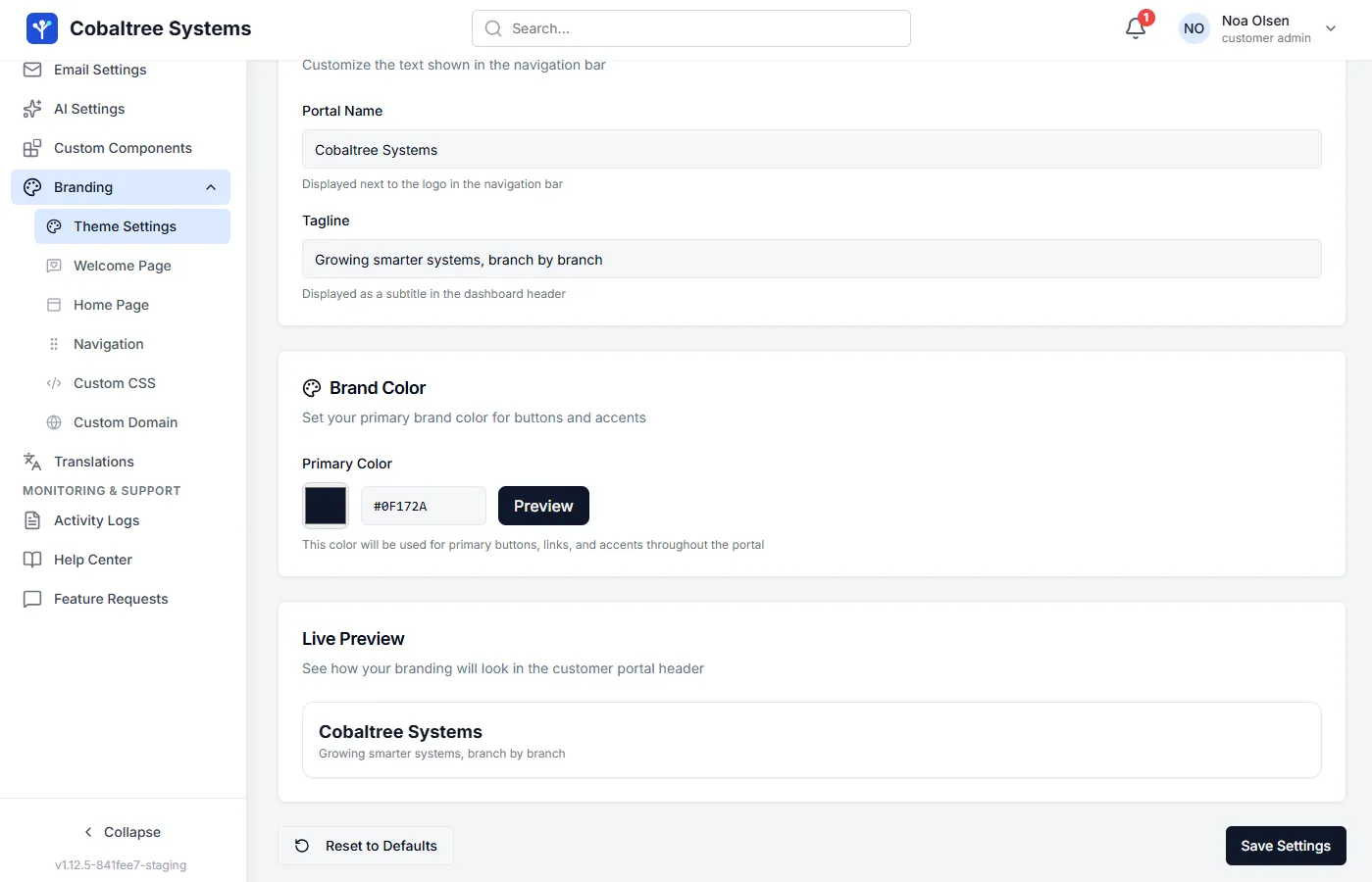 Brand color with a live preview of the customer portal header